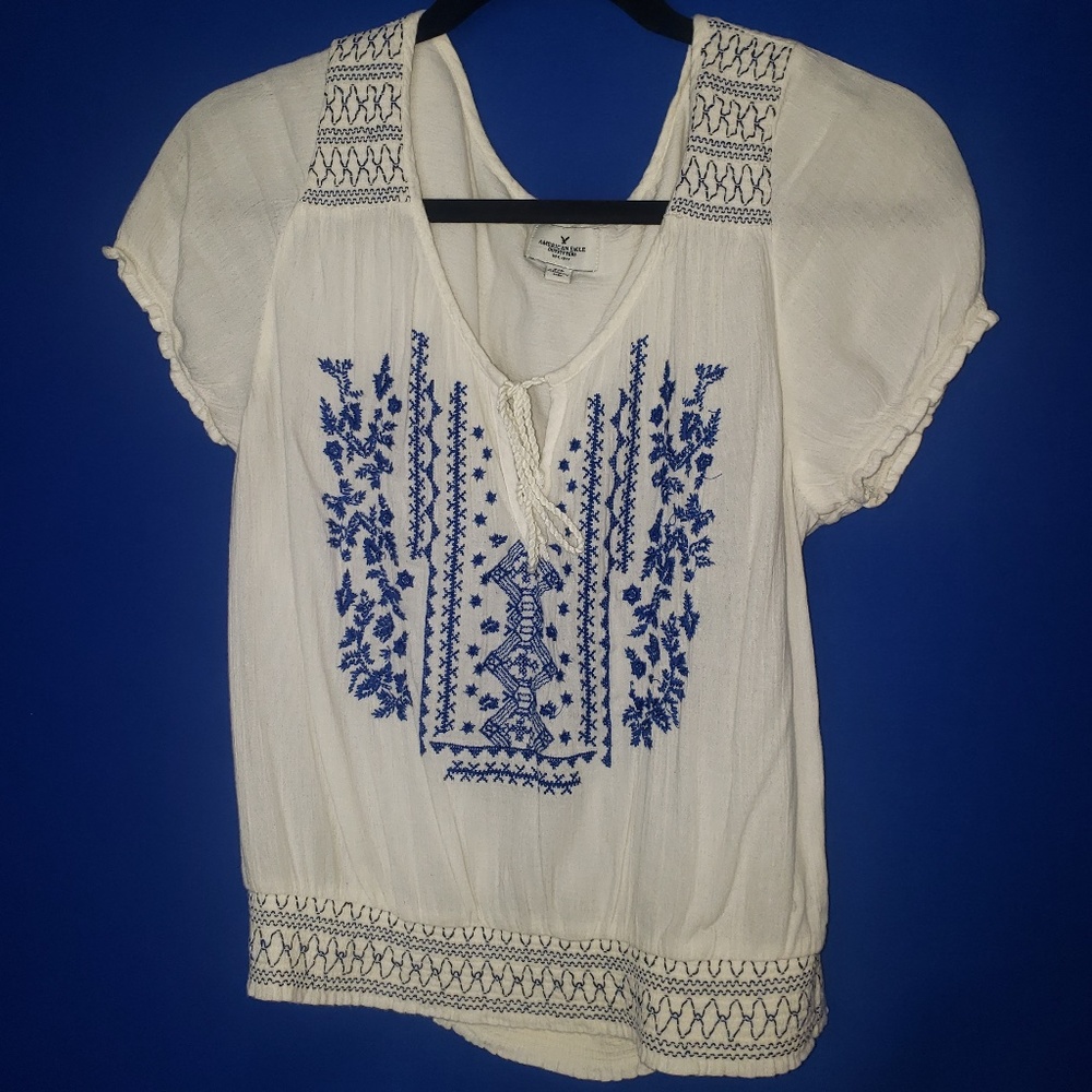 American Eagle Outfitters, Small White w/ Blue Print Top